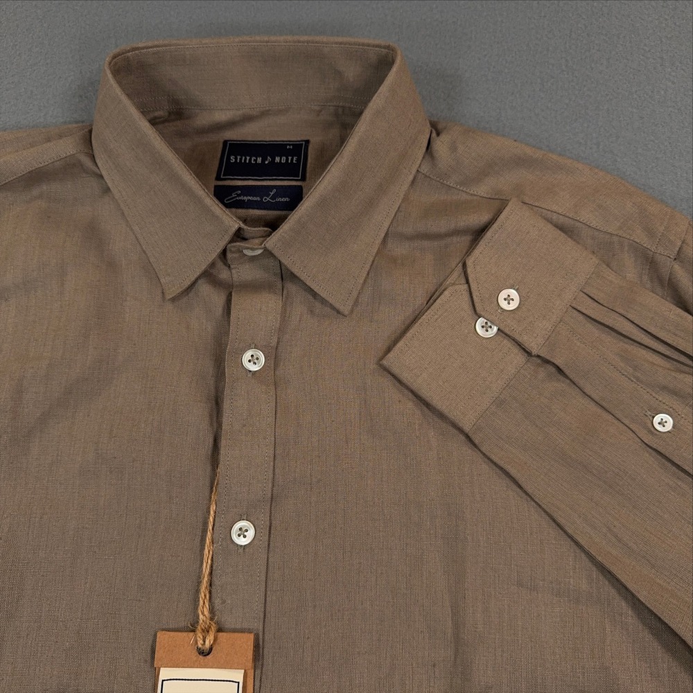 Stitch Note Mens Brown 100% European Linen Long Sleeve Button Down Shirt Size M